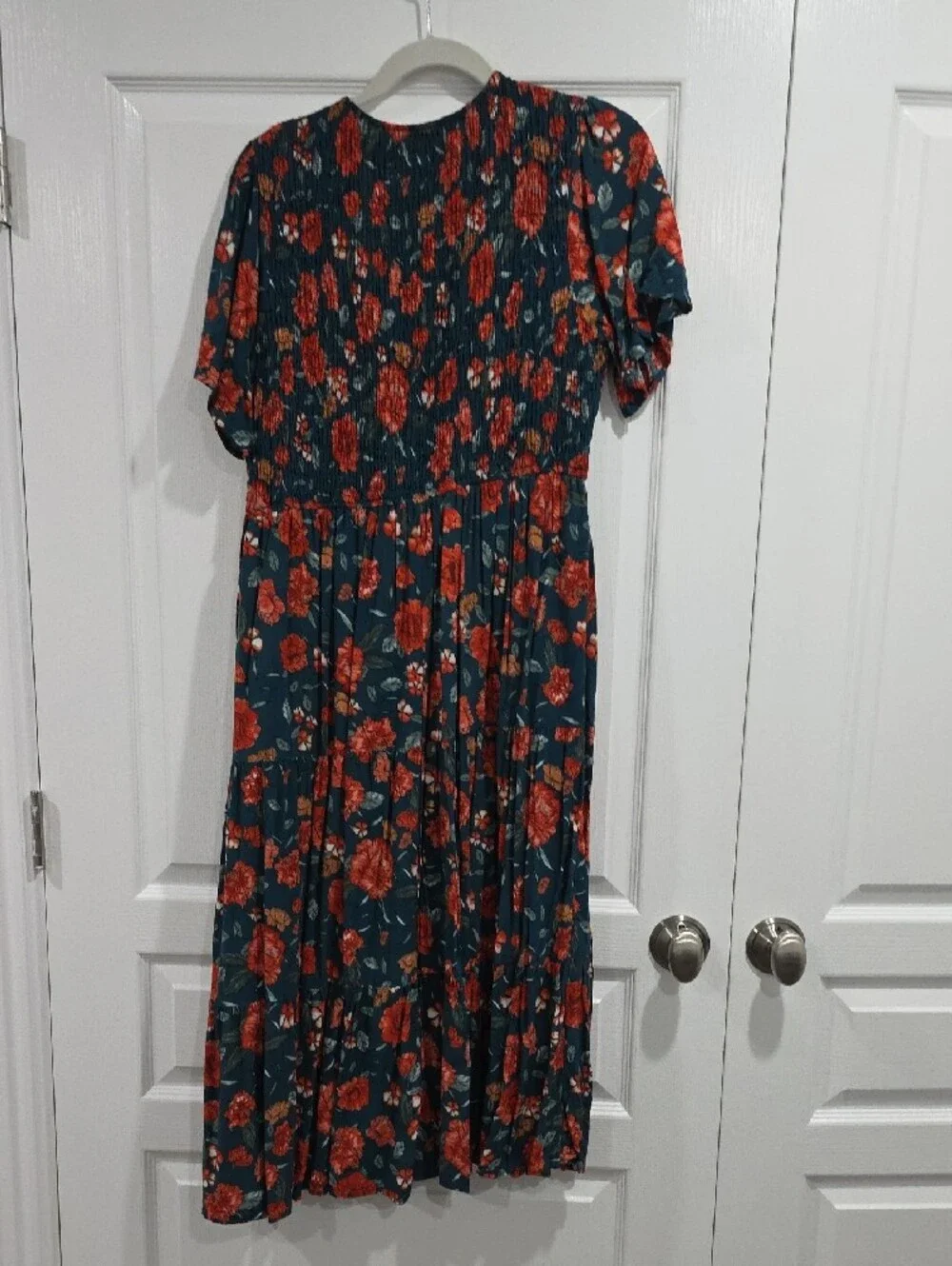 Teal Midi Dress with Red Floral Print - Picture 3 of 3